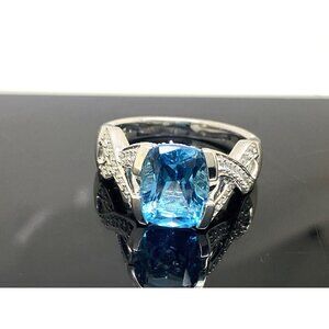 Lorenzo Blue Topaz Diamond Cocktail Ring 18k White Gold Women's Size 7